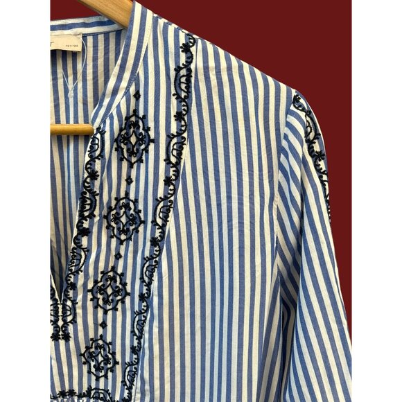 LOFT Blue White Striped Boho Embroidered Blouse Peasant Tunic Top Large Petite - Picture 3 of 7